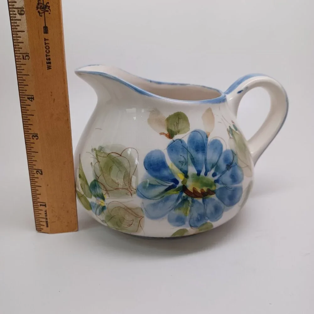 Blue Floral Pitcher Made In Portugal Secla Vintage Flower Leaf Print Wide Mouth‎